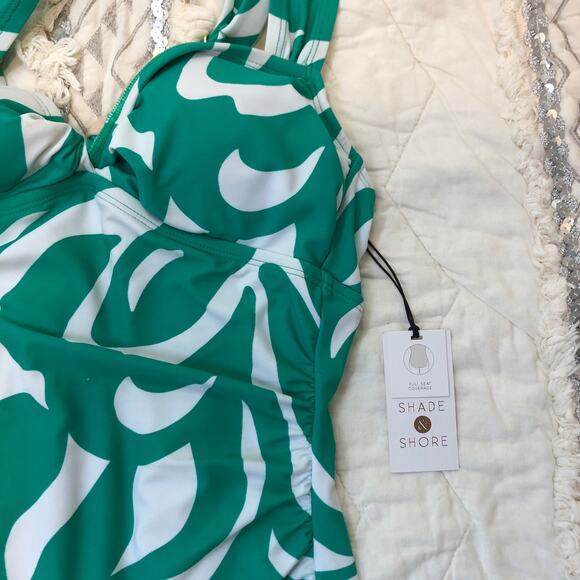 Shade & Shore NWT Women's One Piece Swimsuit Green White Leaf Shirred  M (8/10) - Picture 6 of 11